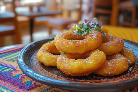 A plate of picarones (Peruvian doughnuts), golden and sweet, cultural and appetizing