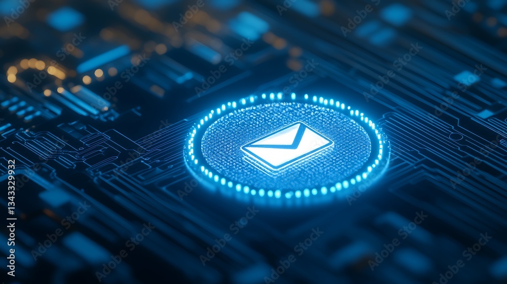 Poster digital email icon on high-tech circuit board background representing communication and technology c