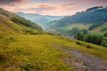 landscape of rural valley with dawn sky. nature in summer. green meadow in mountain and forest on hill. scenic travel view. beautiful countryside background with grass for outdoor tourism