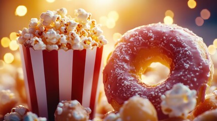 Popcorn and donut on bokeh background.