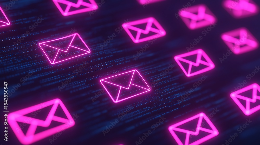 Poster digital email icons on dark background with glowing effect and data flow visualization