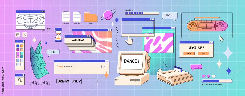 Fototapete set of retro user interface design elements. ui items of vaporwave style. digital frames, window of 