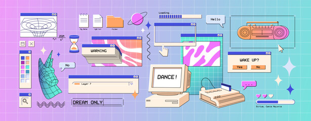 Set of retro user interface design elements. UI items of vaporwave style. Digital frames, window of computer with icons, buttons, warning message. y2k software. Flat isolated vector illustrations