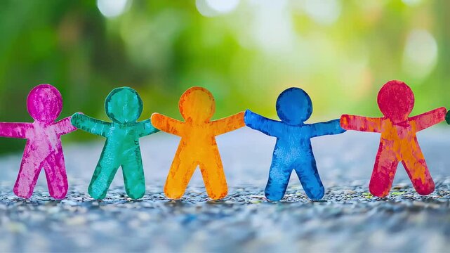 Colorful paper dolls representing unity and diversity in a vibrant setting.