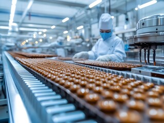 A factory worker in a sterile environment carefully places chocolates onto a conveyor belt for packaging and distribution.