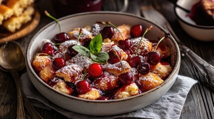 Oktoberfest Kaiserschmarrn mit Kirschen. Bavarian Rustic Meal with Coffee and Cherry Compote