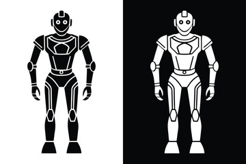 Simple Humanoid Robot Icon Scalable Black & White Vector.