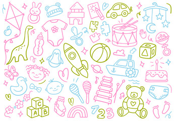 Colorful doodle illustration with baby toys and childhood elements. Vector illustrations on a white background. Perfect for kids products, coloring pages, and nursery designs.