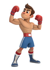 3D animated boxer flexing his muscles with a determined look, isolated on a transparent background