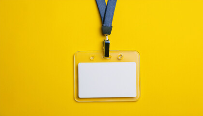 Blank office badge, empty name tag on bright yellow backdrop. Mock-up. Flat lay.