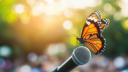 A butterfly resting on a microphone at an outdoor acoustic performance.