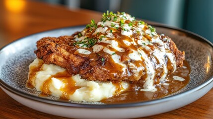 A plate of fried chicken served over mashed potatoes with gravy and garnished with herbs.