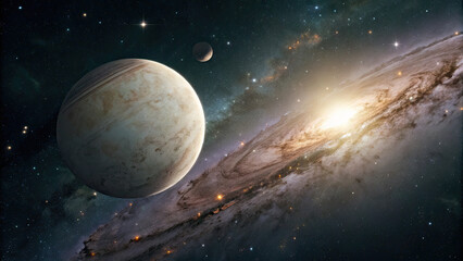 A glowing planetary disk floating in deep space, surrounded by cosmic nebulae and distant stars, offering a serene and vast celestial background with room for text or design elements.