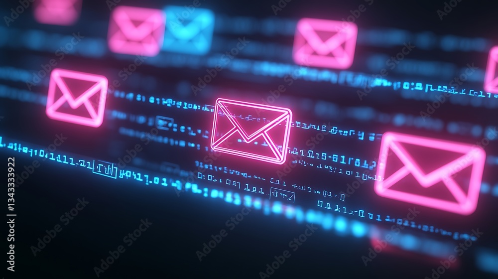 Poster futuristic digital communication concept with neon email icons and binary code background