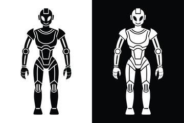 Minimalist Robot Silhouette Monochrome Vector Icon.