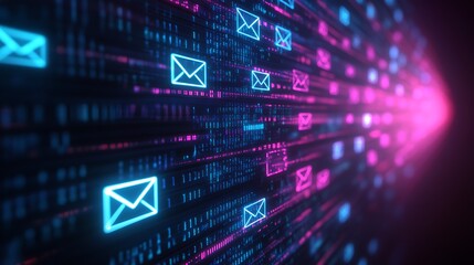 Futuristic digital email communication concept with glowing icons and binary data streams in vibrant colors