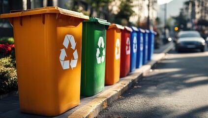 Colorful recycling bins lining a sunny urban street.