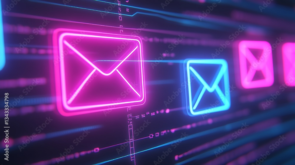 Poster futuristic email icon digital interaction in neon colors with technology background and data visuali