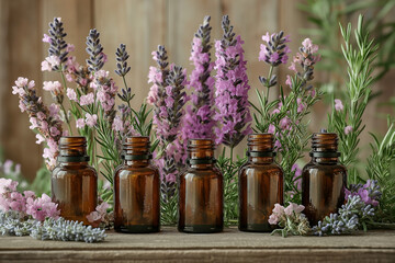 Bach flower therapy: A calming image of Bach flower remedies displayed with nature elements in the background.