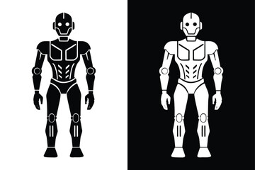 Minimalist Robot Silhouette Monochrome Vector Icon.