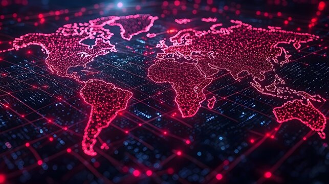 Glowing world map displayed as a holographic data cloud