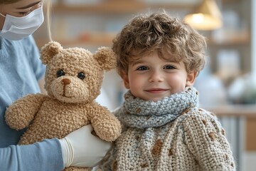 A young child smiles holding a teddy bear with someone nearby