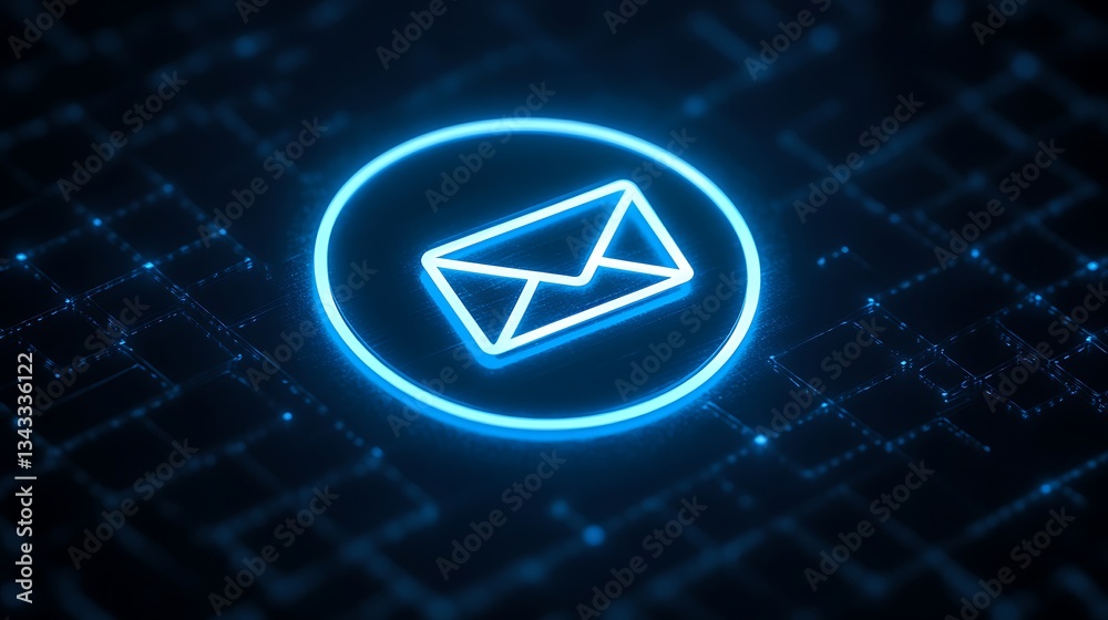 Wall mural futuristic neon email icon on digital background with geometric patterns and glowing visual effects