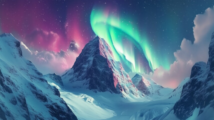 雪山を照らすオーロラと宇宙の神秘