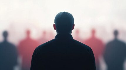 Fototapeta premium person in cap stands facing blurred crowd, creating sense of mystery and anonymity. image conveys themes of individuality and participation in larger group