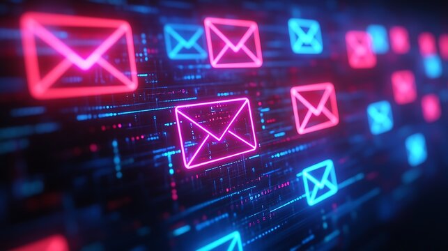 Futuristic Neon Email Icons on Digital Background Representing Communication and Technology Concepts - Powered by Adobe