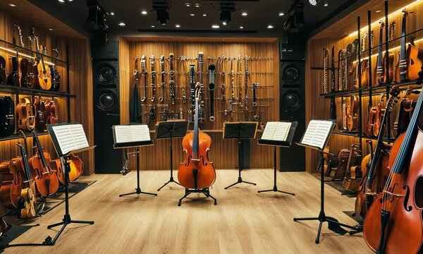 Elegant Music Room with Various Instruments Displayed on Shelves and Stands, Capturing the Essence of Musical Artistry and Performance Preparation