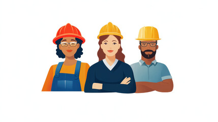 Three diverse construction workers wearing hard hats and work attire stand confidently, symbolizing teamwork and diversity in workforce. image conveys sense of unity and professionalism
