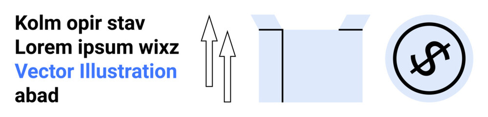 Open cardboard box with upward arrows and dollar sign encircled by lines. Ideal for shipping, investment, business growth, packaging, e-commerce, profit, and simple landing page