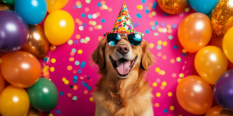 Party animal! Colorful photo of funny, happy golden retriever dog on pink fuchsia background. Balloons, confetti, happy mood. Birthday or New Year  celebration banner	