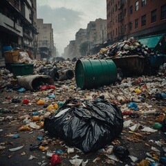 Fototapeta premium Overwhelmed cityscape buried beneath piles of refuse, illustrating severe urban pollution and environmental disregard, causing uns