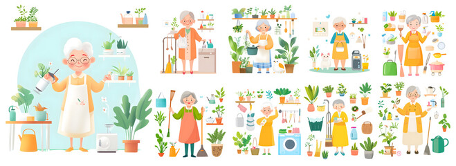 Fototapeta premium Senior woman cleaning, home chores, laundry, cooking, gardening, happiness, healthy lifestyle.