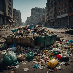 Overfilled Dumpsters and Piles of Trash Blocking a Dilapidated City Street, Creating an Environmental Hazard and Urban Decay