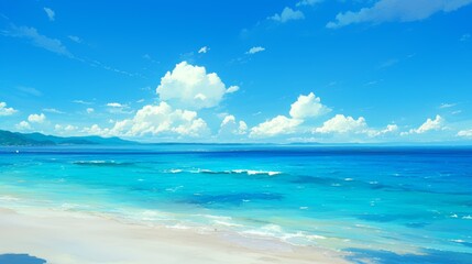 Fototapeta premium stunning beautiful beach and sea with sky view,clear water sea anime style painting illustration 