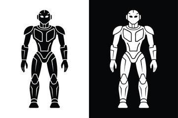 Humanoid Robot Silhouette Vector Icon – Bold Black & White Background.