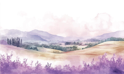 watercolor mountain landscape with fog and lavender  © Iryna