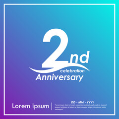 2nd years anniversary celebration emblem. anniversary logo isolated with curve stroked - wave line on purple and blue gradient background. vector illustration template design	