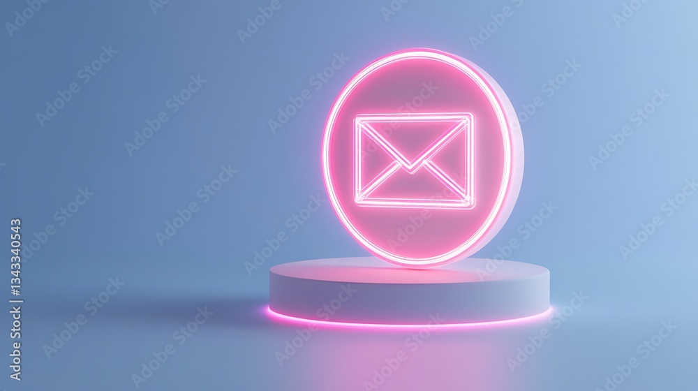 Poster neon email icon display in modern setting with soft blue background for digital communication concep