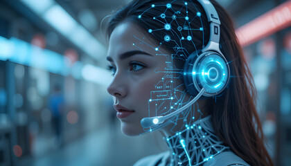 Futuristic woman with a digital headset, blending technology and human interaction, symbolizing innovation in communication, ai call center concept