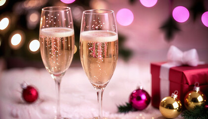 champagne with christmas background and blur bokeh lights