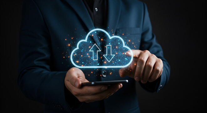 professional connects Technology and data information digital cloud on their smartphone, showcasing the seamless integration of modern cloud technology into everyday life."