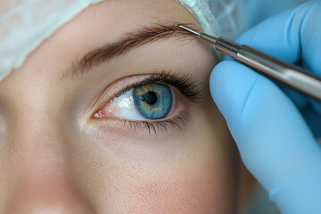 a close-up view of an eye with a tool examining eyebrow. The blue eyes stands out against the fair skin