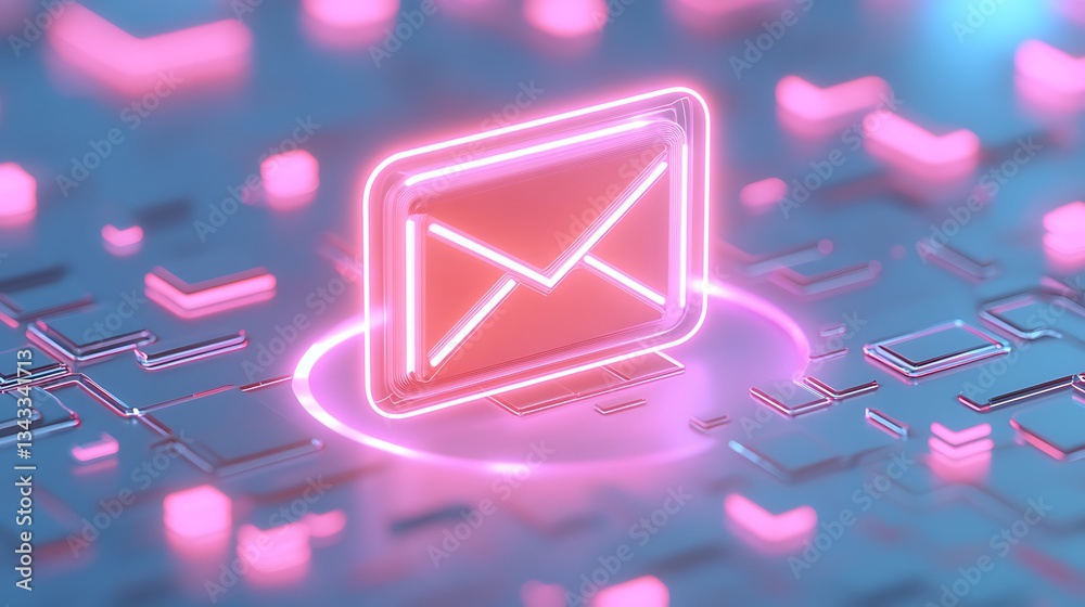 Poster neon email icon in futuristic digital setting with glowing circuit elements and abstract background