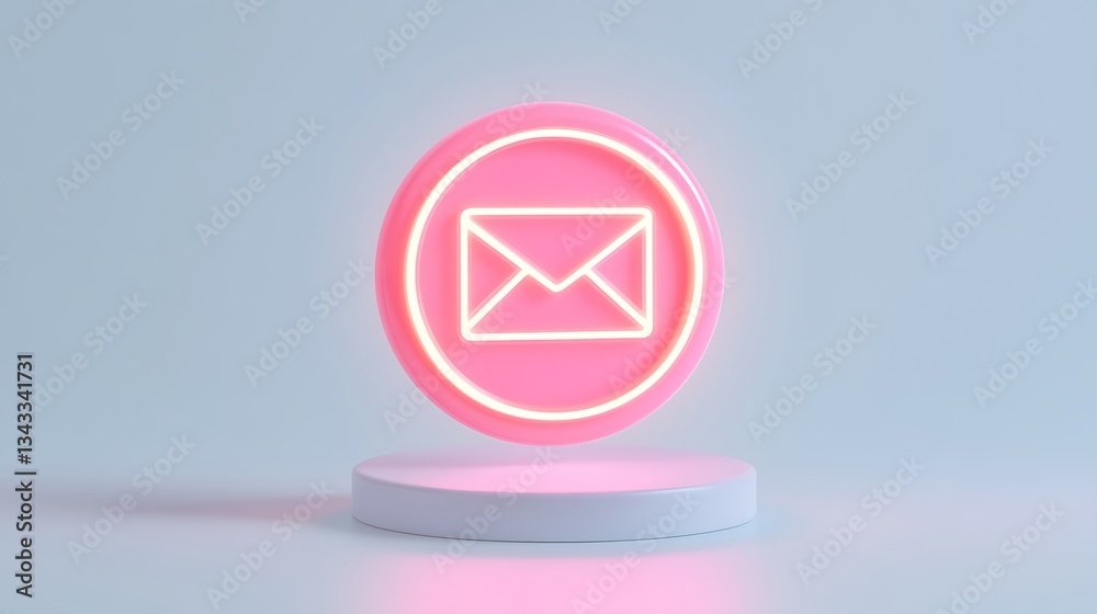 Poster neon email icon in pink background with floating effect for digital communication and messaging conc