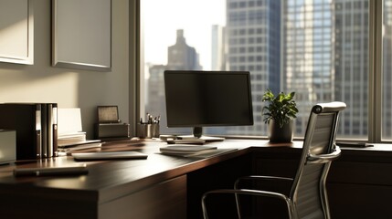 A modern office space with a desk, computer, and city view.