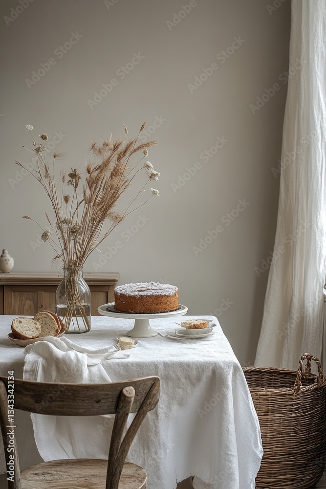 Poster a charming table setting showcases a freshly baked cake, slices of artisanal bread, and delicate dri